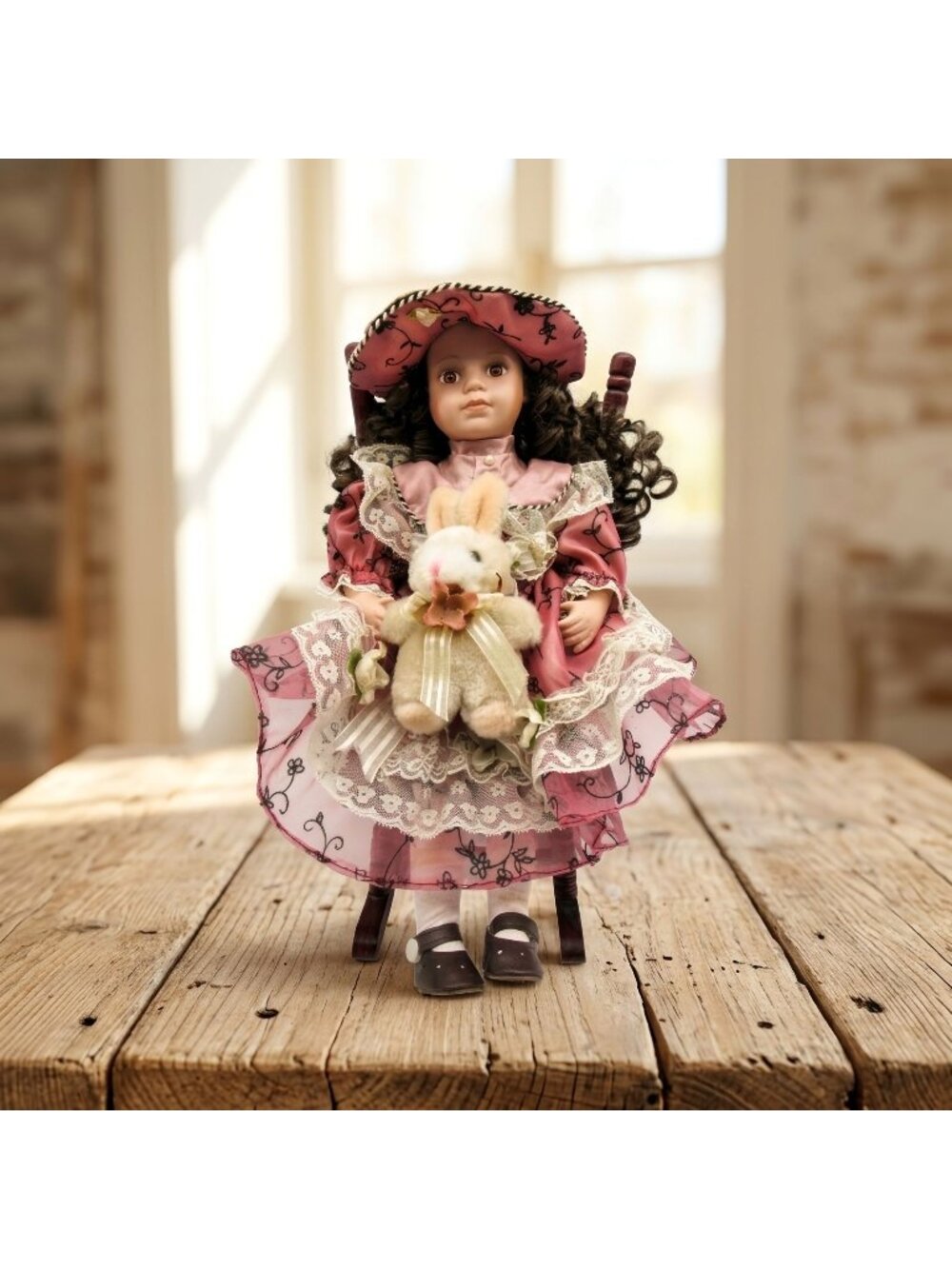 Doll in Wooden Rocking Chair With Pink Dress And Bunny 14" Tall